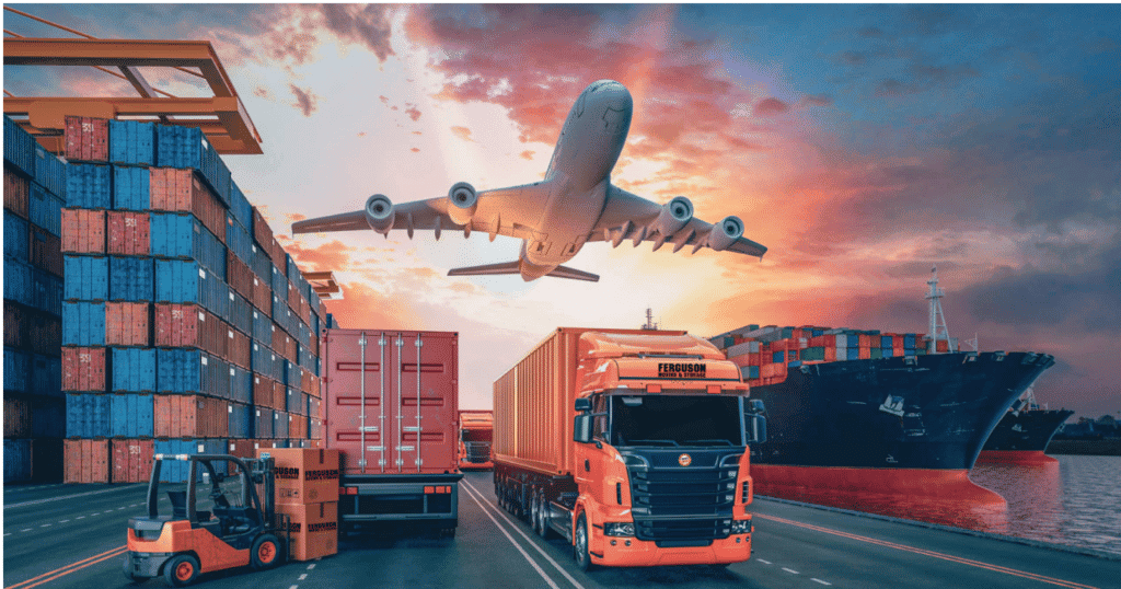 Freight trucks, a ship, and an airplane on a runway illustrating long distance and international moving services.