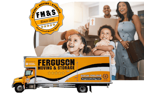 Ferguson moving truck and company badge overlayed on image of a family smiling and looking up at the camera.