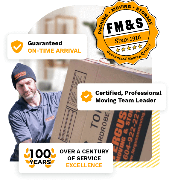 Ferguson mover carrying a box with service guarantees listed overtop, representing top-rated movers and service excellence.
