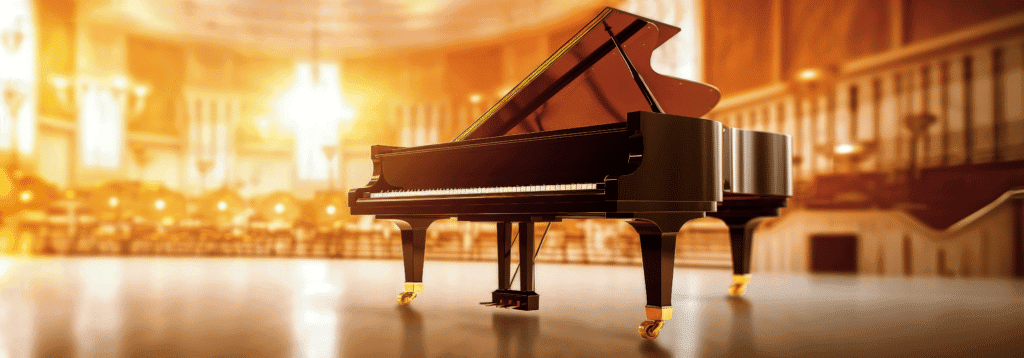 Piano on a stage under bright lights.
