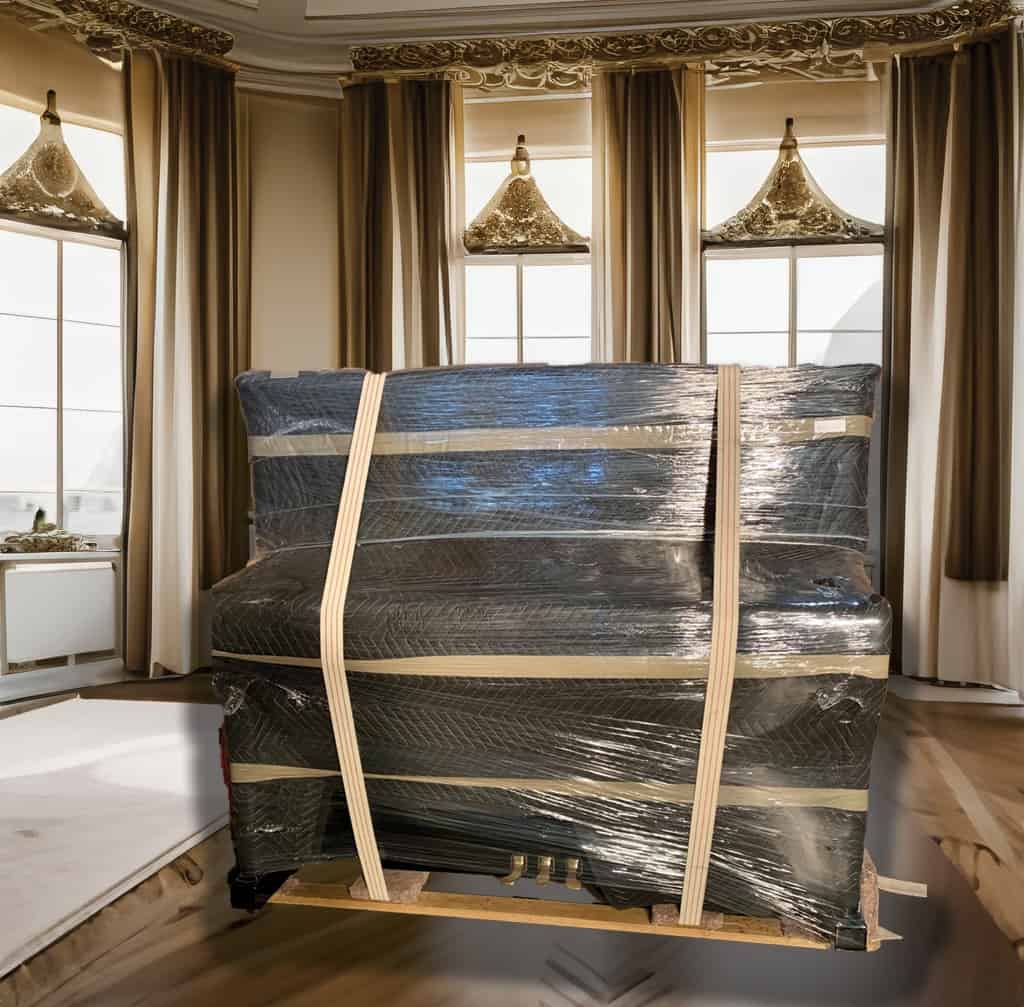 Wrapped piano positioned in the centre of an elegant room during a move.