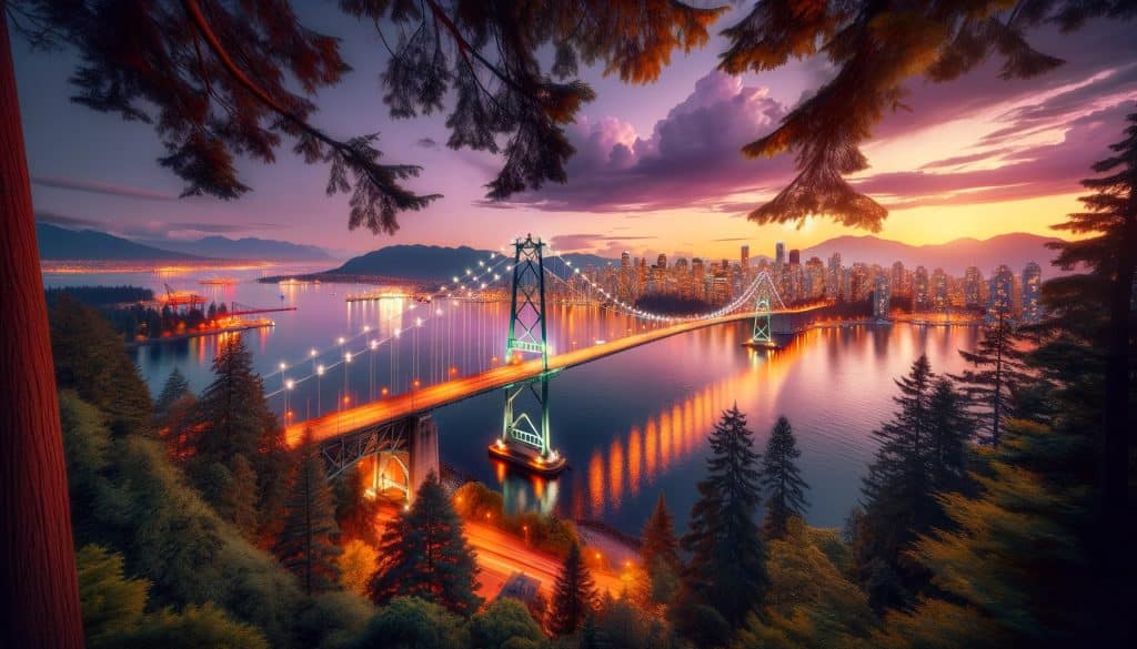 Evening illustration of Vancouver overlooking the ocean, Lions Gate Bridge, and downtown skyline.