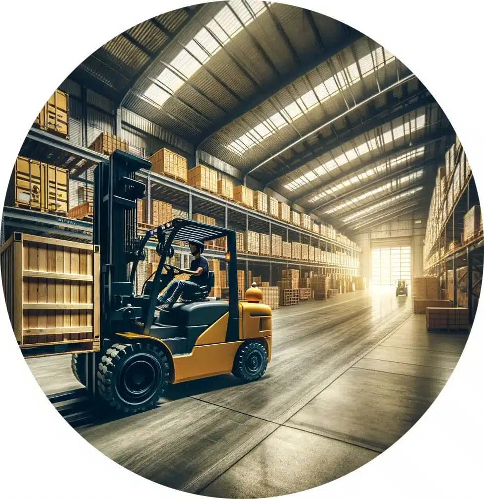 Forklift operating in a warehouse among rows of storage containers.