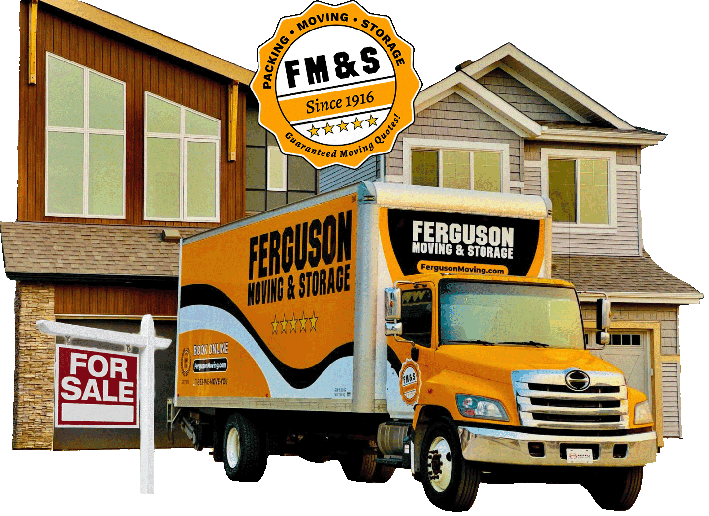 Ferguson moving truck parked in front of a home for sale.