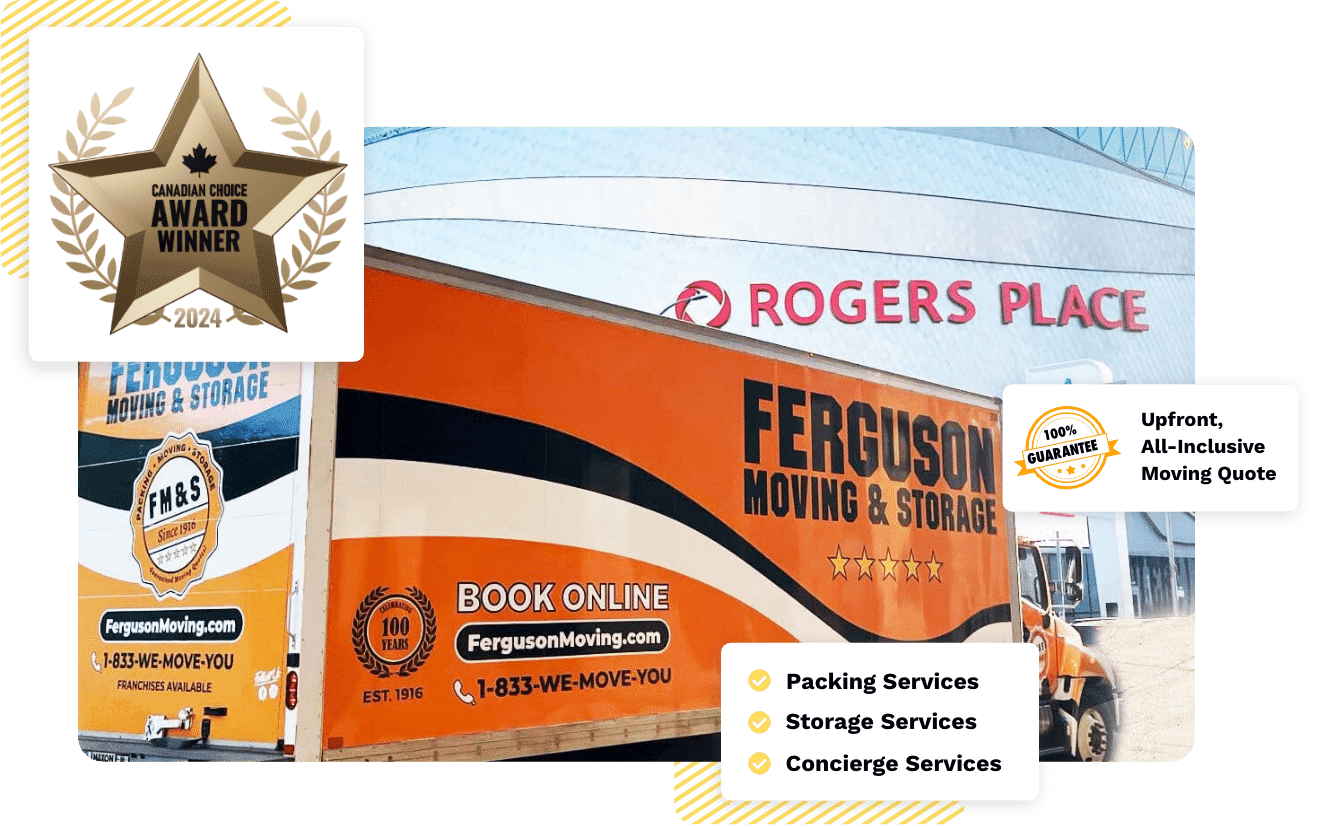 Moving truck parked in front of Rogers Place, with a star highlighting Canada’s Choice Award Winner 2024 status for moving and storage service.