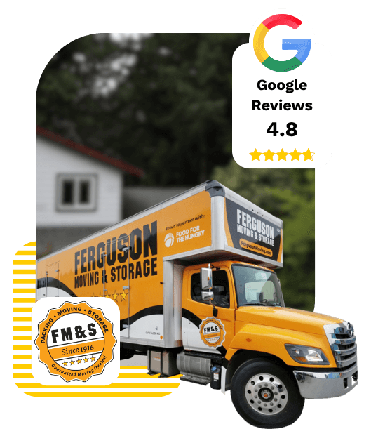 A moving truck, overlaid with a suburban house, logo, and Google Review rating.