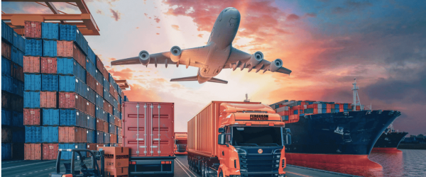 Freight trucks, a ship, and an airplane on a runway illustrating long distance and international moving services.
